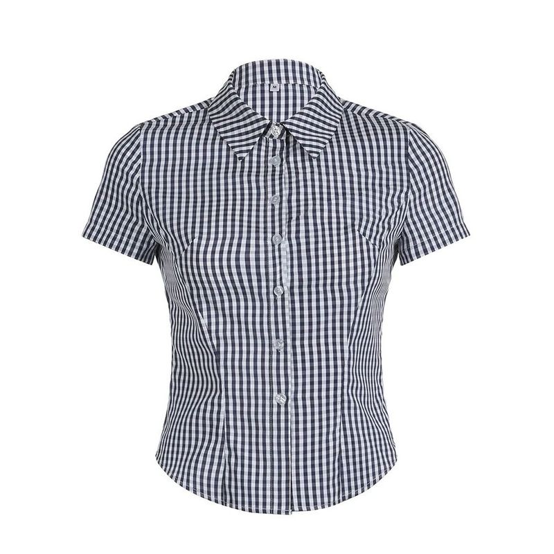 

Retro Plaid Waist Cinching Slim Fit Shirt Retro Gingham Waist Trimming Shirt Female Blue S