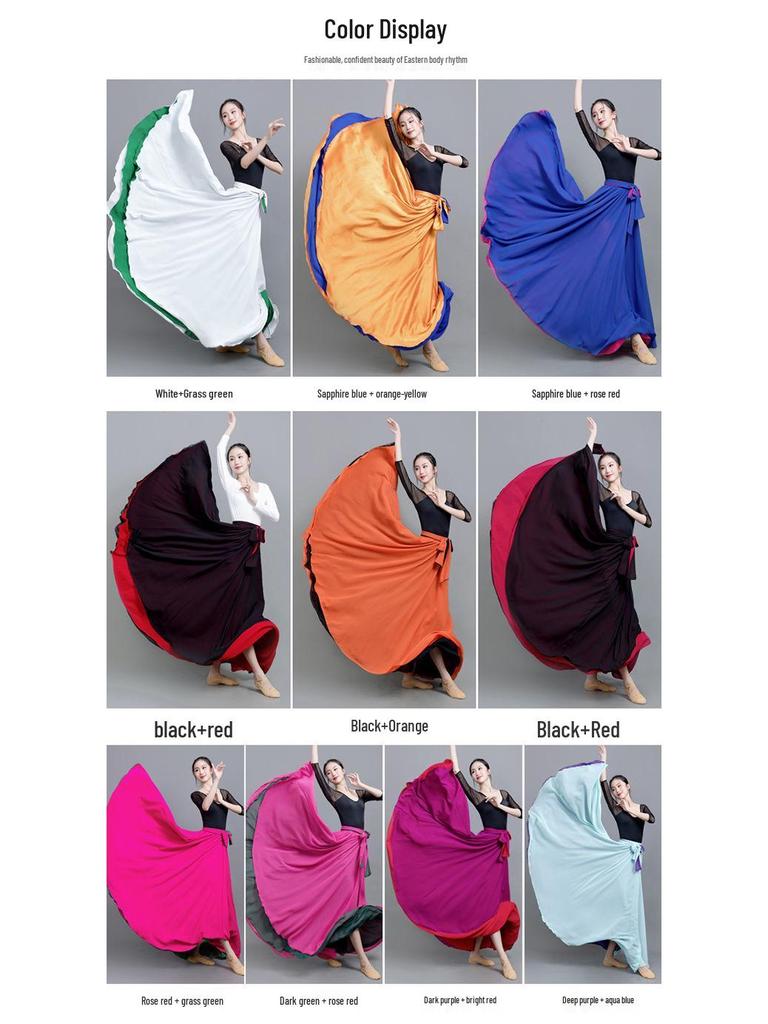 Two-Sided Chiffon Dance Skirt: Performance Long Dress with 540°/720° Swirl, Half-Body, Dual-Color Design