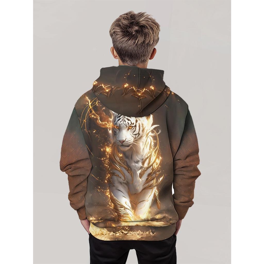 3D digital printed gilded flame, auspicious white tiger domineering element hooded sweatshirt