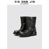 Polished Coarse Heel Martin Boots Locomotive Style Black Simple Knight Boots Round Head Thick Sole Heightening Sleeve Female