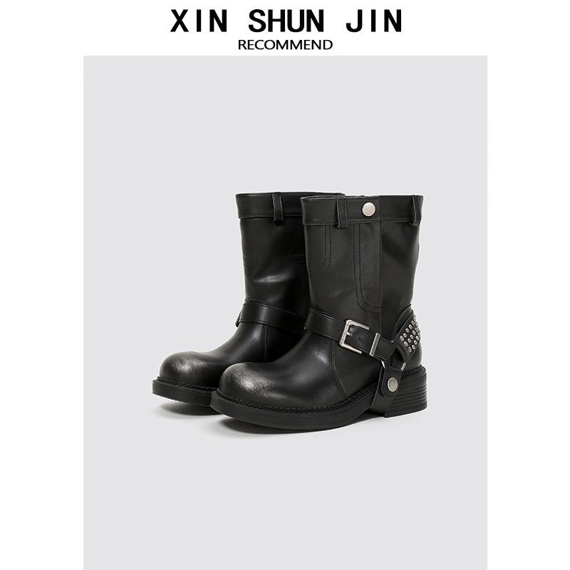 Polished Coarse Heel Martin Boots Locomotive Style Black Simple Knight Boots Round Head Thick Sole Heightening Sleeve Female