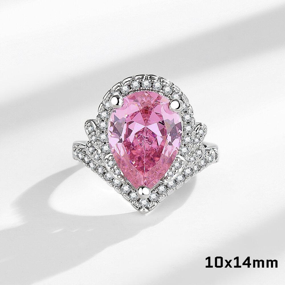 Copper Luxury Dream Droplet Pink Diamond Zircon Crown Ring Wedding Jewelry
