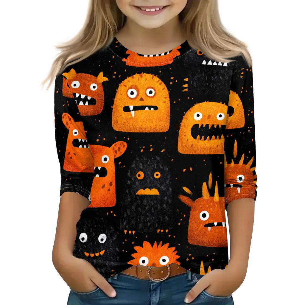 Print Tops For Youth Girls 5-16 Years Round Neck 3/4 Sleeves T-Shirts Trendy Tops Outfit Tees