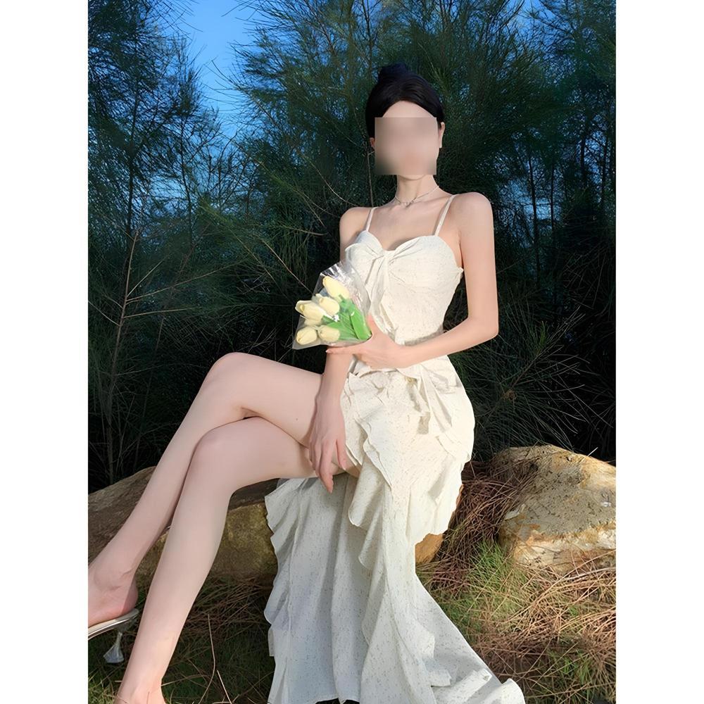 Lotus leaf edge floral suspender dress women's summer irregular hem vacation long skirt