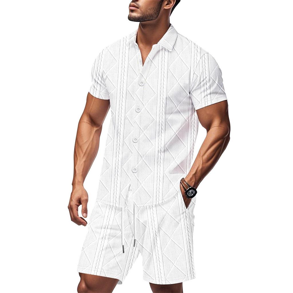 Men's Summer Solid Color Breathable Loose Button Short Sleeve Shirt Shorts Set