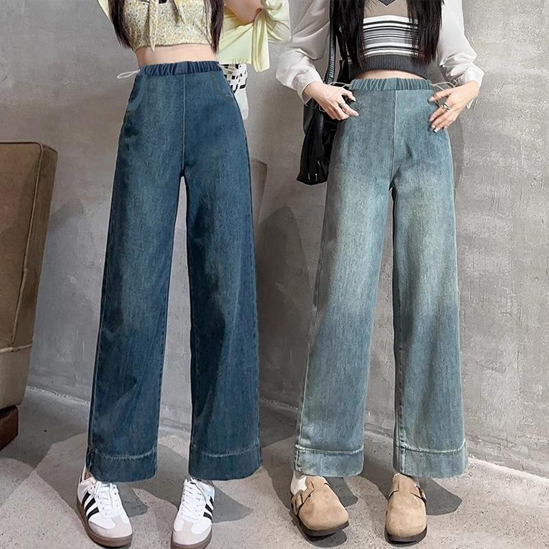 Maternity jeans with pockets, side drawstring, wide-leg pants, loose-fitting nine-point pants, retro outer straight-leg pants.