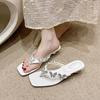French Thick Heel Beautiful Slippers Women Wear 2025 Summer New Fairy Wind Butterfly Rhinestone Silver Toe Sandals