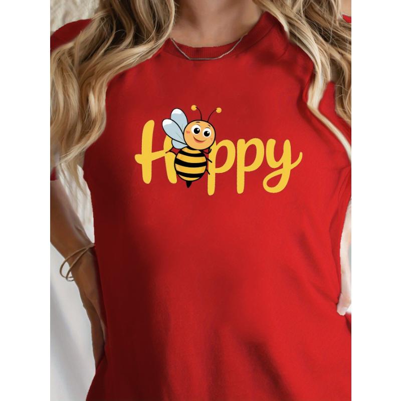 Cute Happy Letter Joyful Bee Pattern Printed Summer Casual Women's Short Sleeve Round Neck T-shirt Daily Top Women's Clothing