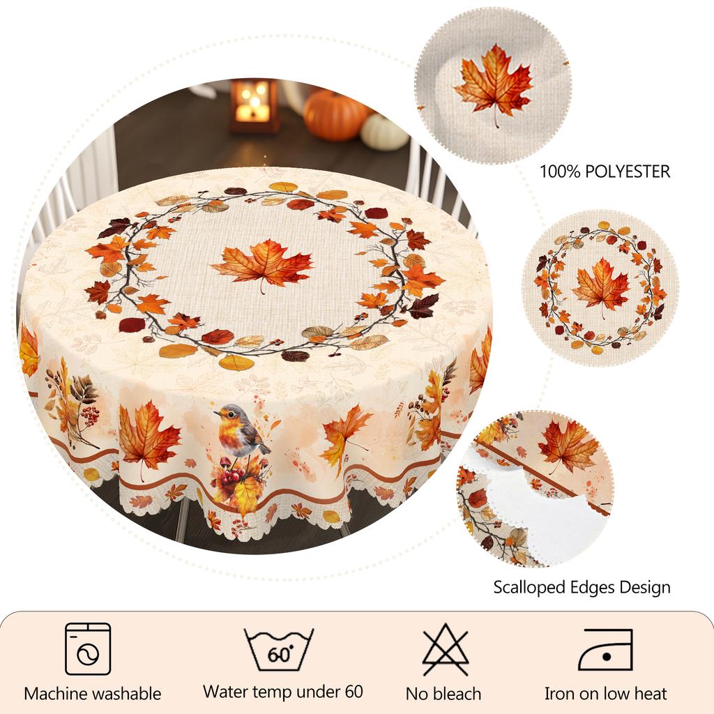 1 Piece Of Autumn Thanksgiving And Autumn Harvest Festival Themed Printed Tablecloth, Vintage Country Farmhouse Style, Maple Leaves, Bird Pattern Desi