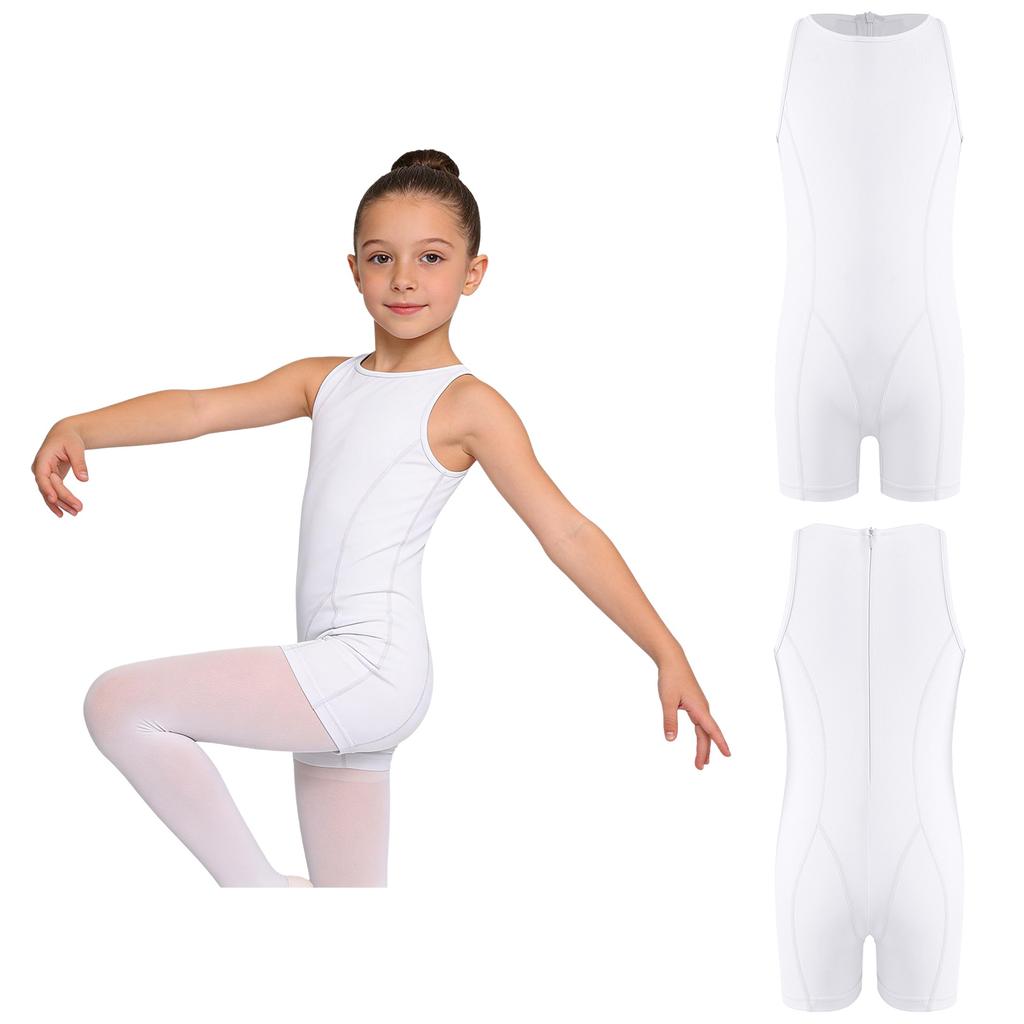 Kids Girls Gymnastics Dance Bodysuit Round Neck Sleeveless Back Invisible Zipper Thigh Length Jumpsuit for Practice Training