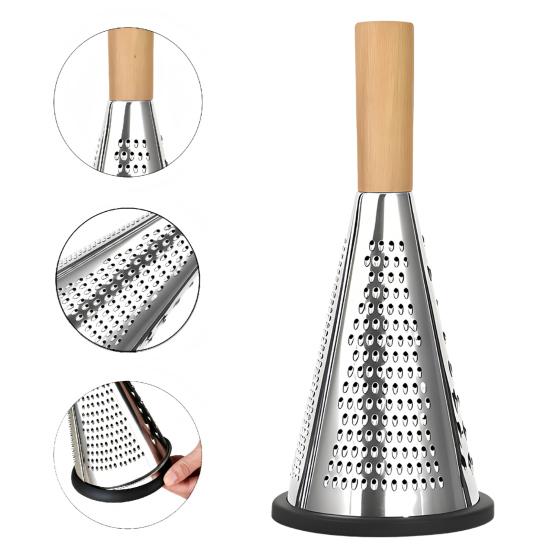 Vertical Cone Cheese Grater, Food Grade Stainless Steel Shredder for Parmesan, Wood Handle Vegetable Fruit Planer