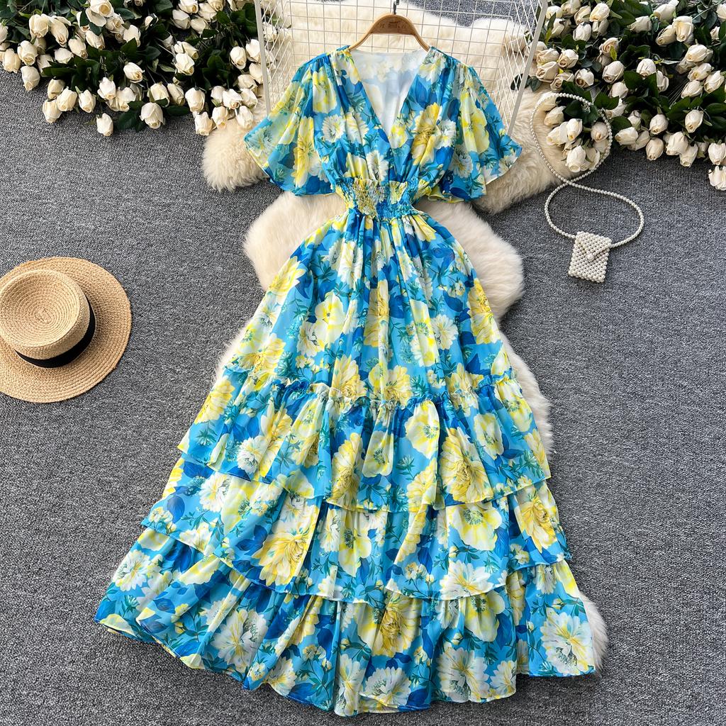 Retro V-Ausschnitt Schmetterlingsärmel Druck Chiffon Elegantes Sommerkleid A-Linie Schlagärmel Urlaubsdruck Damenkleider