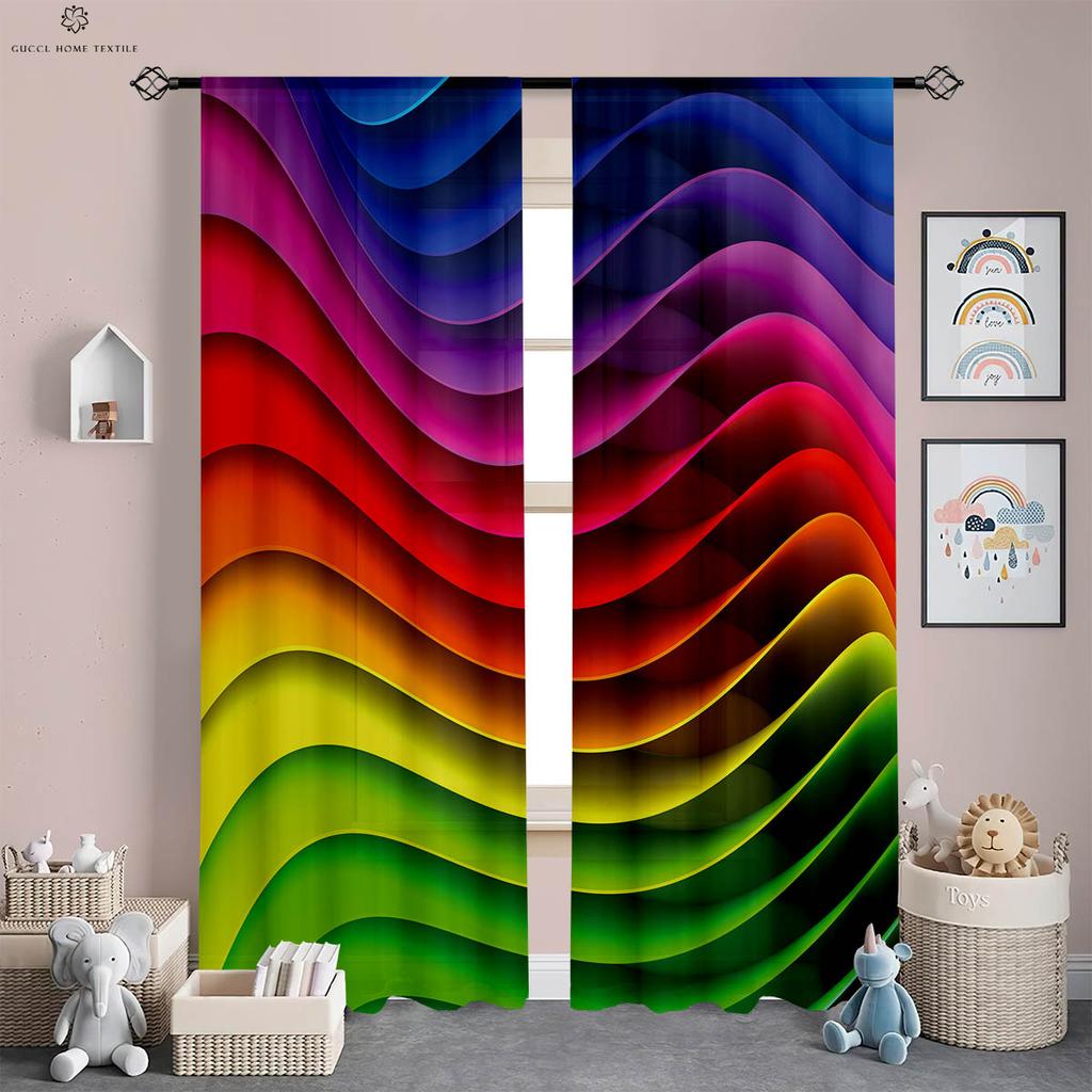 Watercolor Rainbow Stripe Printed Curtains, Polyester Fiber, Bedroom, Living Room, Study Room, Decorative, 2 Pieces