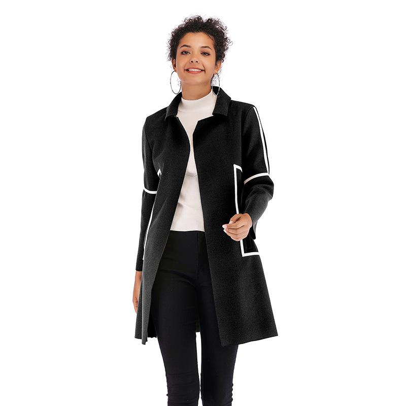 

Женская ветровка с лацканами, повседневный женский кардиган с длинными рукавами, шерстяное пальто для поездок на работу в европейском стиле, простая повседневная одежда на осень-зиму XL чёрный