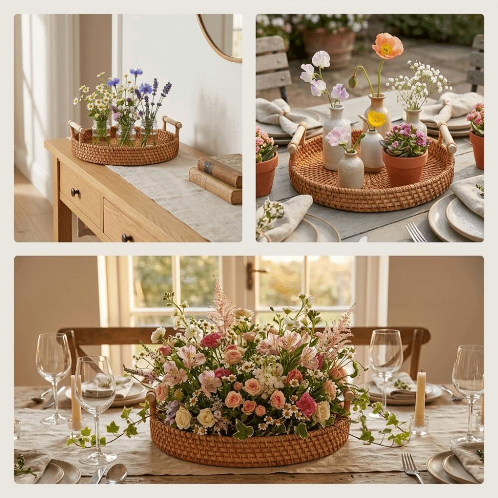 Mehrzweck mit Handgriff Geflochtenes Tablett Geflochtene Ranke Natürliche Textur Teetablett Retro-Stil Glatte Snackplatte Nachmittagstee