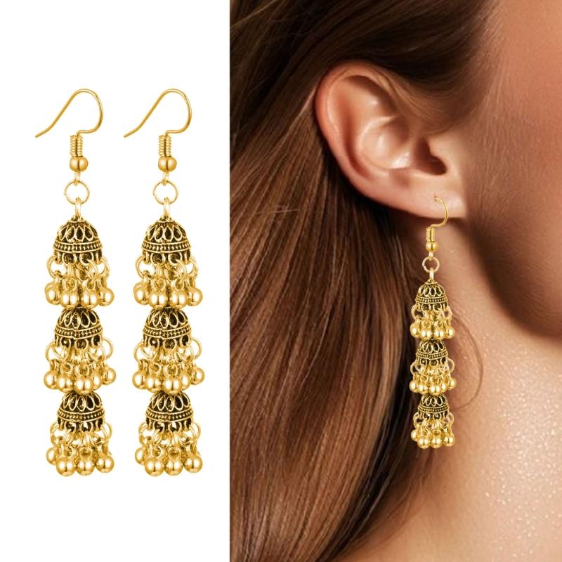 Three Layer Hollow Out Bell Tassels Bohemian Dangling Earrings Pair Made From Sturdy Alloy Versatile For Casual And Formal Wear