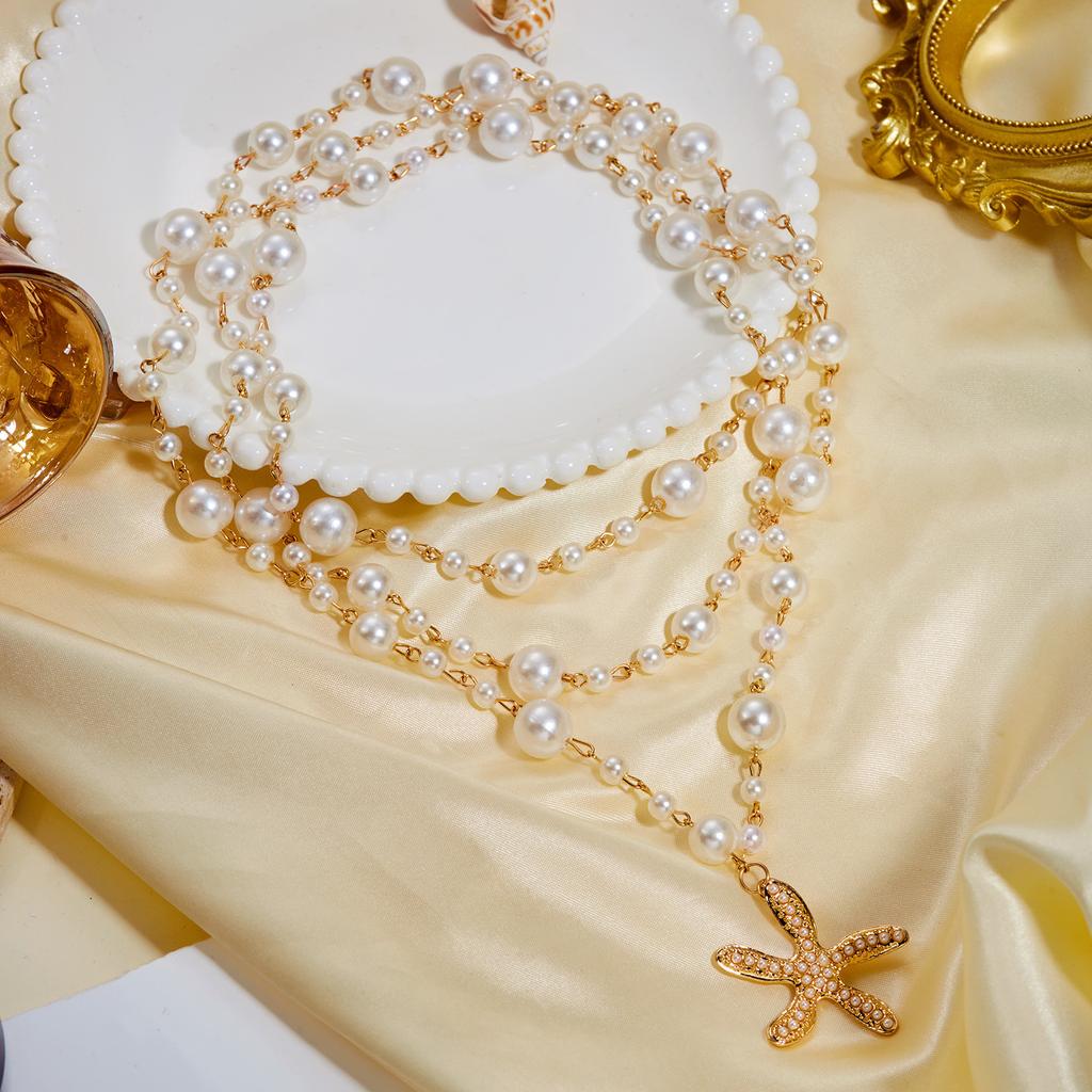 Luxury Imitation Pearl Starfish Pendant Necklace for Women Delicate Sea Star Gold Plated Long Layered Chain Party Jewelry Gift