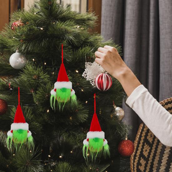 Green Gnome Christmas Ornament Faux Fur Furry Faceless Dwarf with Santa Hat Xmas Tree Hanging Decoration for Tree Party Decor