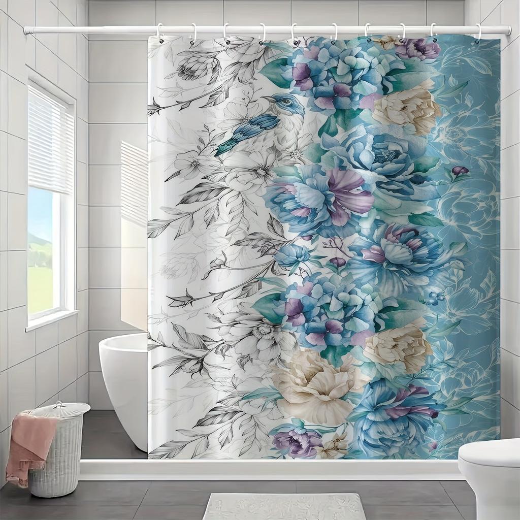 Vibrant Floral Art Shower Curtain - Aqua Blue Background, Spring Flowers Design, Machine Washable, Includes Hooks