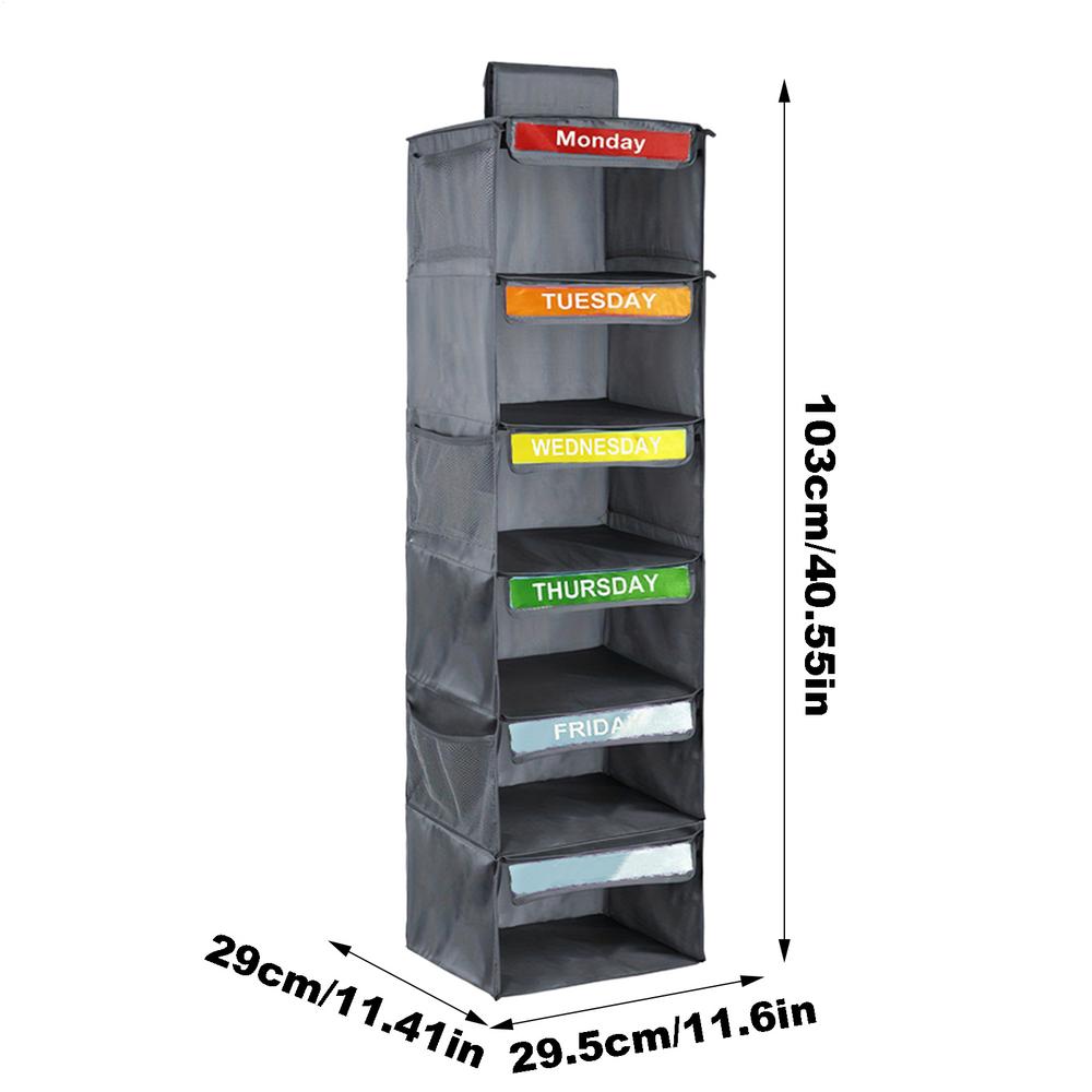 

6-слойный детский органайзер для повседневной одежды, складной, с боковыми карманами, еженедельная стойка для хранения одежды, подвесная сумка для хранения в шкафу, крючок, этикетка серый