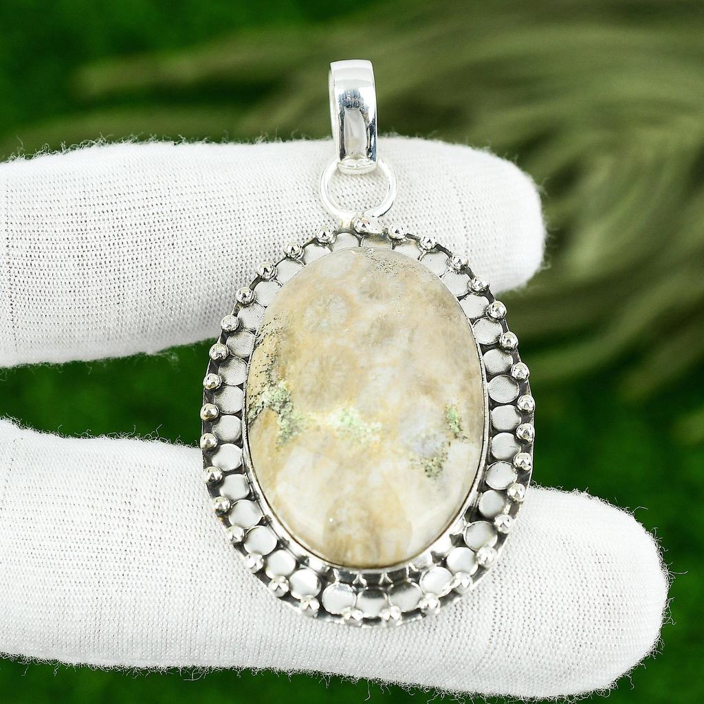 Fossil Coral Stone Sterling Silver Handmade Daughter Boho Ethnic Wedding Pendant