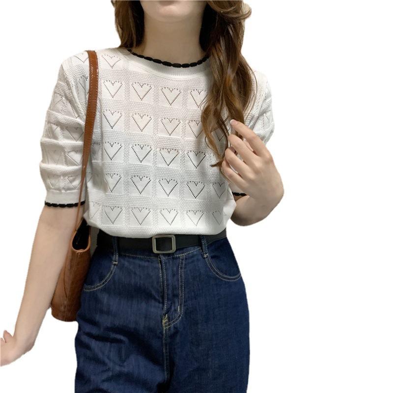 Summer Cream Love White Lazy Wind Short Section Knitted Tops Women Loose Versatile Bottoming Pullover Sweater Casual Essential Slim Fit Pullovers Tees