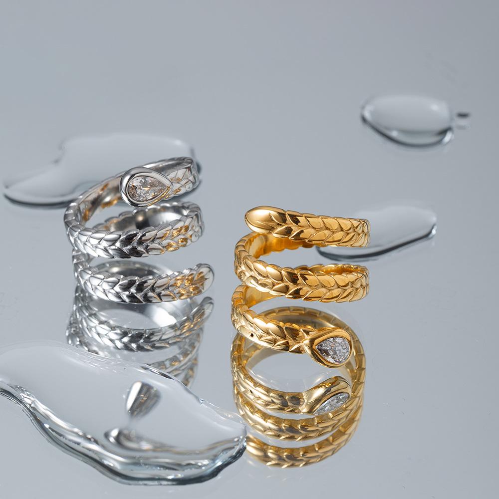 18K Gold Snake-Shaped Ring with Zircon Inlay, Size 7 - European & American Style, Non-Fading Jewelry