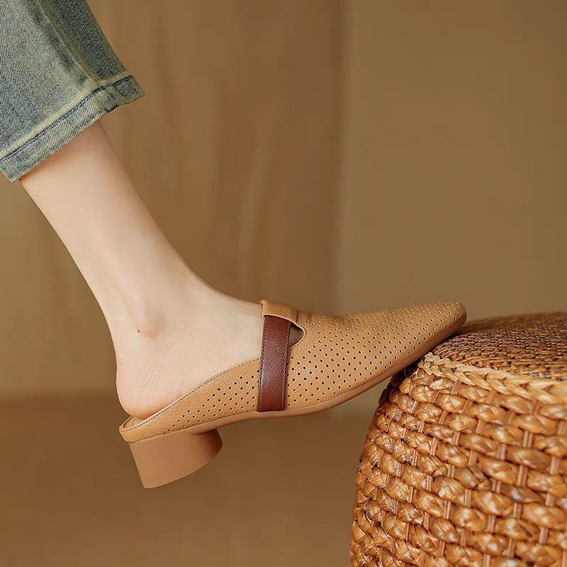 French Breathable Hollow Bag Head Half Slippers Women's Summer 2025 New Commuter Pointed Sandals Lazy Low Heel Muller Shoes