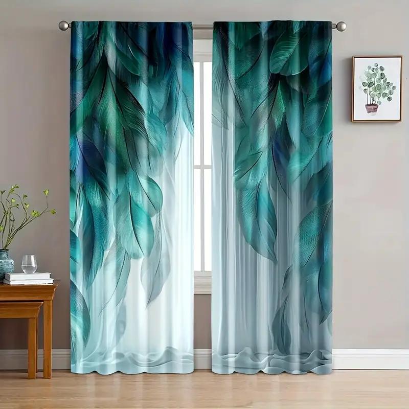 2pcs Gradient Teal Feather Printed Curtains, Designed for Light Filtering, Quality Material, Ideal for Daily Home Window Decorat