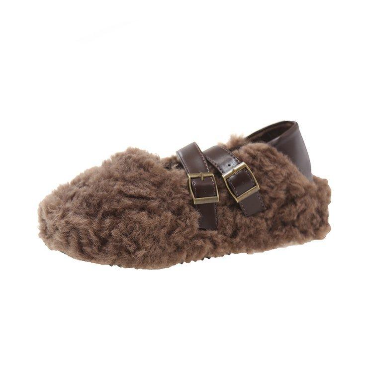 

[Lamb wool] women s wool shoes 2025 new winter thick-soled belt buckle, velvet warm one-pedal cotton shoes 40 темно-коричневого