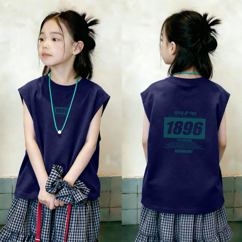 Korean Style Sleeveless Letter Print T-shirt for Girls - Fashionable Summer Wear in Pure Cotton for Medium and Large Children.