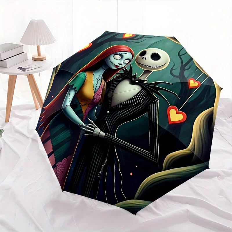 1 Automatischer Regenschirm mit 8 Speichen, Motiv Jack Skellington und Sally, Bunt, Tragbar, für Damen und Herren, Ein Kompakter Begleiter für den Weg zur Arbeit, Geeignet für Da