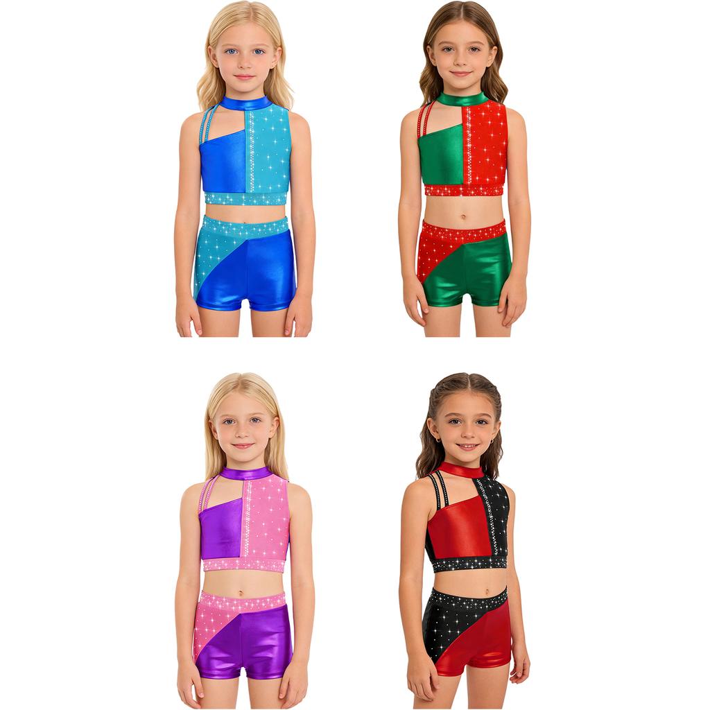 Top Corto da Ragazza con Strass Collo Alto Senza Maniche Blocco di Colore Metallizzato Pantaloncini Outfit Danza Ginnastica