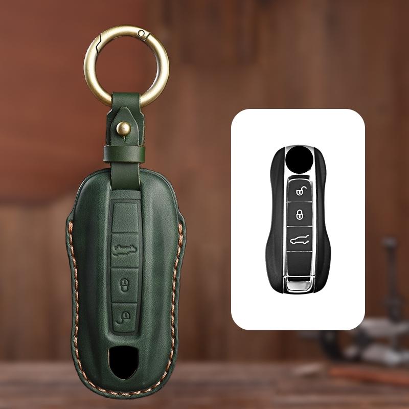 

Genuine leather Protector For Porsche Macan 911 Panamera Cayenne Carrera Taycan Key Case Cover Fob зелений