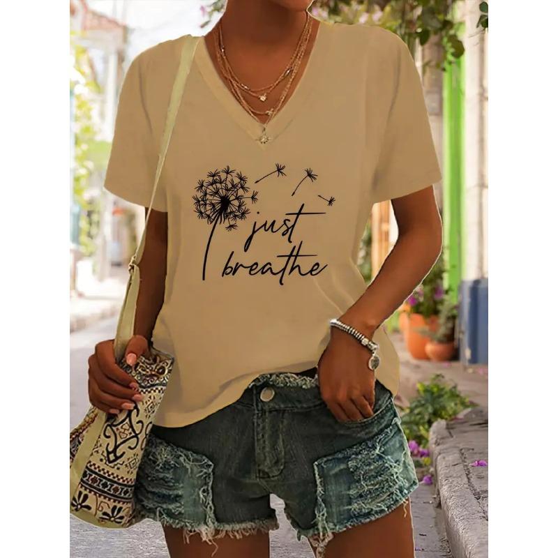 Summer V-neck 3D Dandelion Dragonfly Pattern Printed Top Fashionable Casual Short Sleeved Women's T-shirts