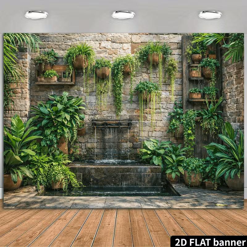 2D Vintage Stone Wall Hanging Potted Greenery Waterfall Courtyard Garden Backdrop