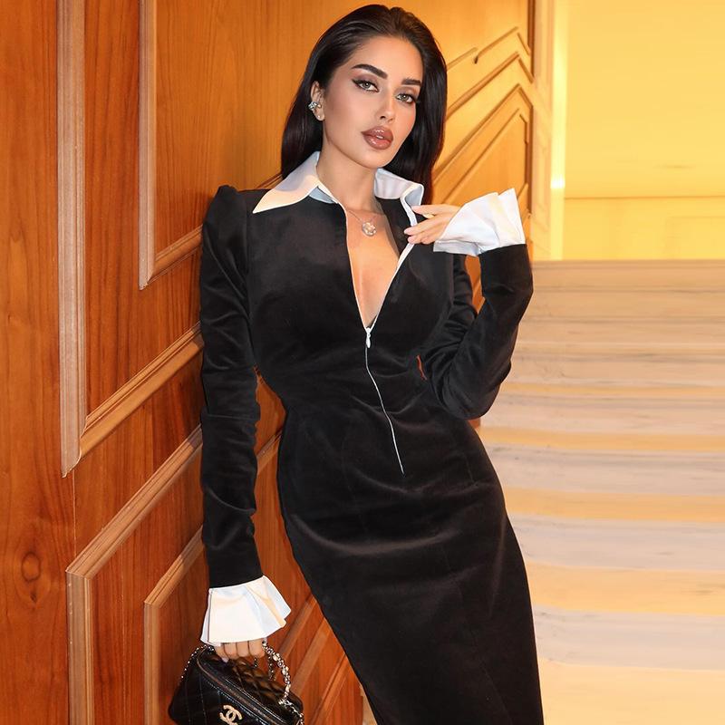 Women's Temperament Commuter Lapel Flared Long Sleeve Black and White Color Clash Long Dress