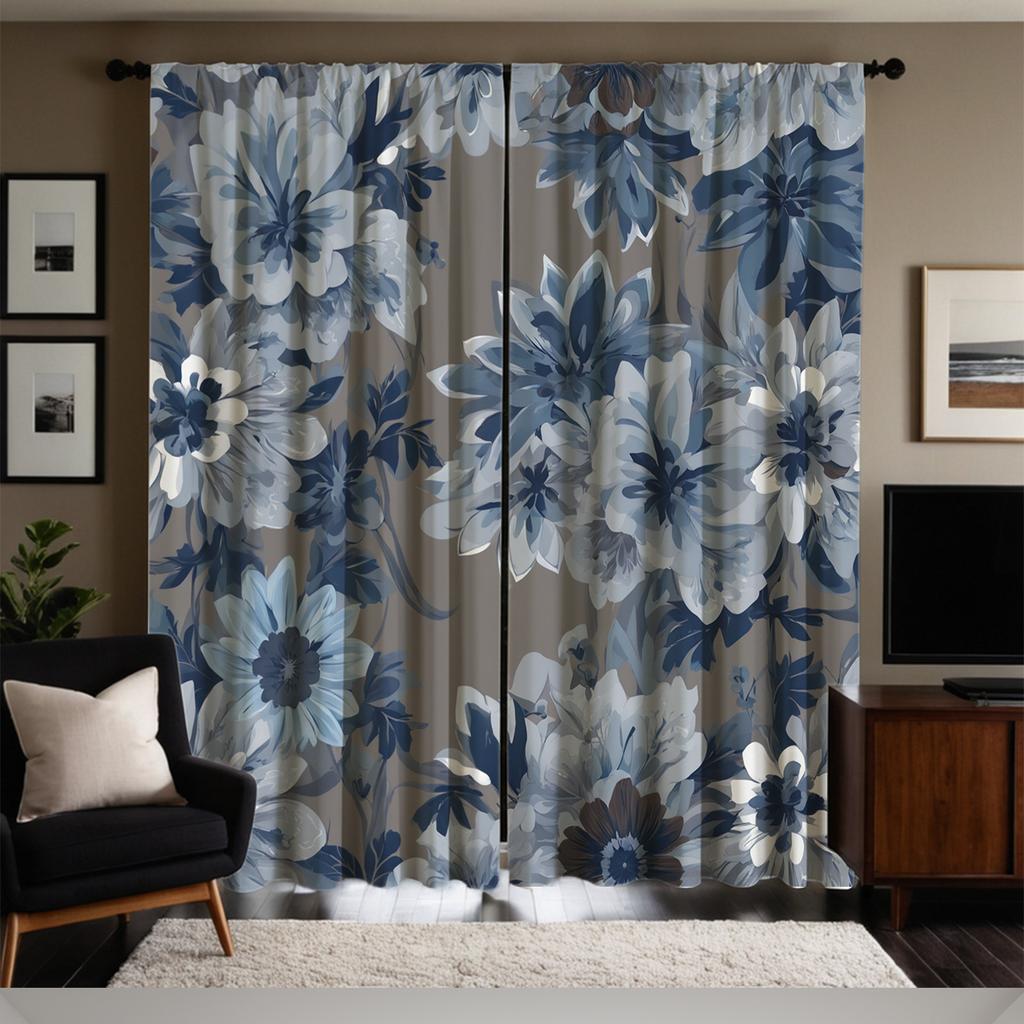 2Pcs Blue & White Floral Print High-Definition Digital Curtains - Double Fan Design, Semi-Transparent, Machine Washable Polyeste