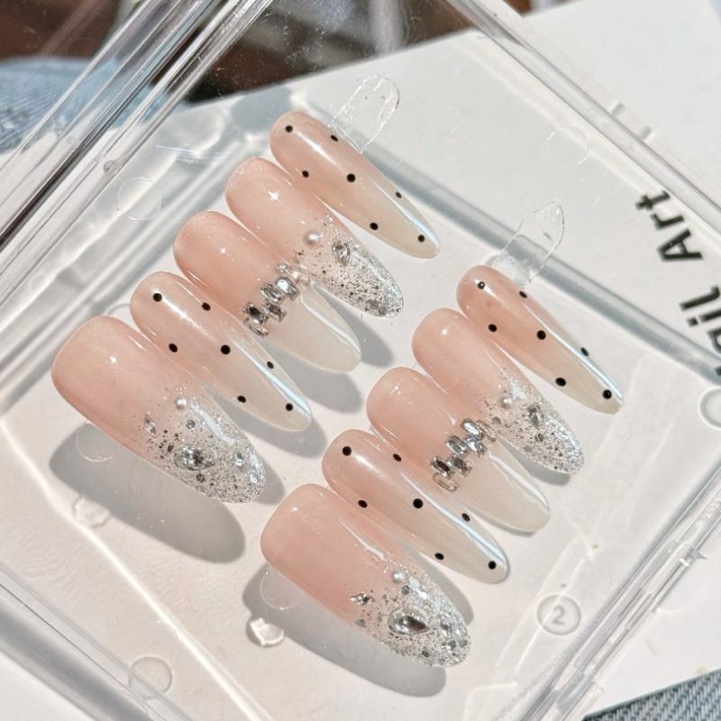 10Pcs Nude Press On Nails - Polka Dot Glitter Rhinestone Almond Fake Nails XS