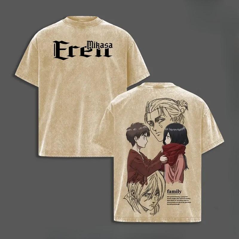 

Eren Jaeger Mikasa Print T-shirt Anime Attack On Titan Clothing Men Women Cotton Tshirts Retro Washed T Shirt Harajuku Male Tops XXL