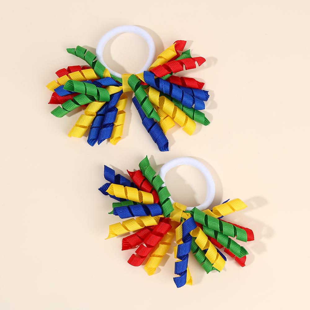 2Pcs Trendy Firework Hair Ties Rainbow Curly Ribbon Elastic Rubber Bands For Girls Kids Cute Hair Ropes Daily Hair Accessories