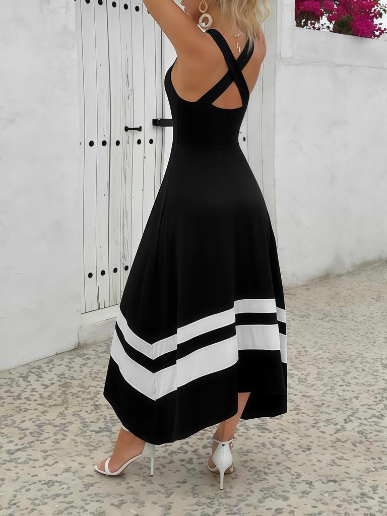 Elegantes Colorblock Ärmelloses U-Ausschnitt Kreuz Offener Rücken Schwarz-Weiß Langes Kleid für Damen