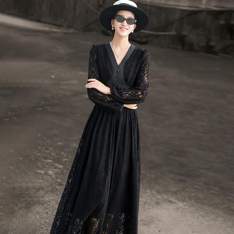 Lanser 2026 Frühling Französisches Retro-Spitzen-V-Ausschnitt-Langkleid