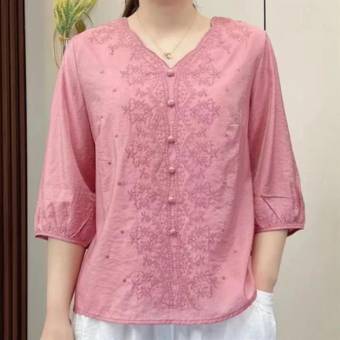 

Высококачественный ретро-вышитый топ из хлопка и льна с V-образным вырезом и рукавами средней длины для зрелых женщин XXL розовый