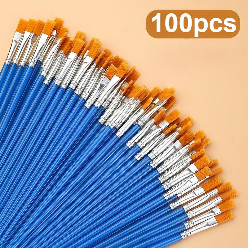 

100pcs Flat Tip Nylon Bristles , Watercolor, Oil Painting & DIY Line Art - Versatile Craft Brushes for Professional & Home Use