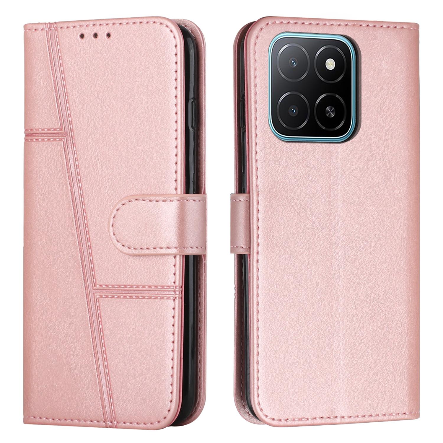 

For Honor X6c 4G Leather Phone Case Foldable Stand Wallet Flip Cover with Strap Rose Gold