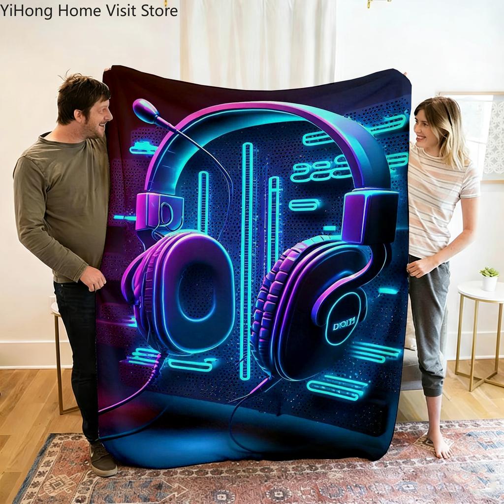 Live Music Neon Headphones Printed Flannel Blanket Perfect for Sofa Office Bed Travel Sleep Read Relax Camping Four Season Use