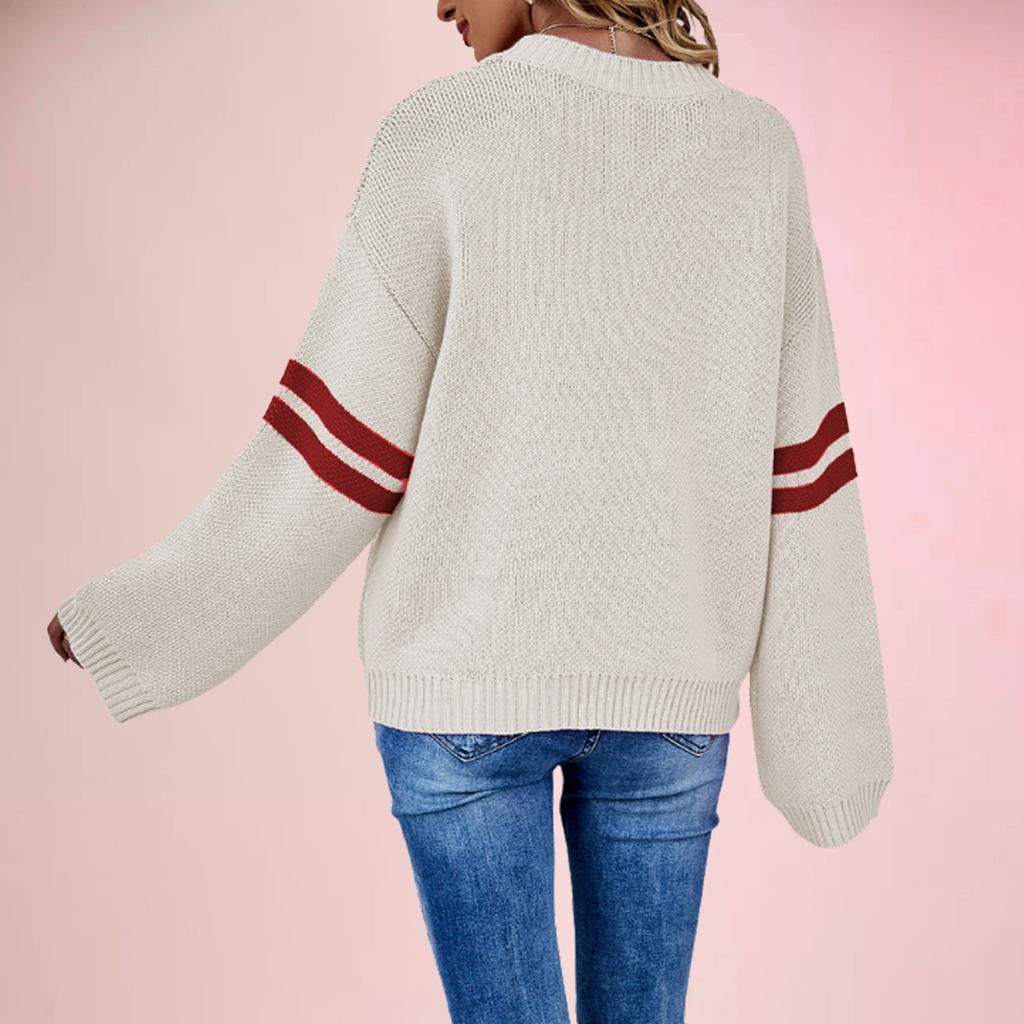 Women's Winter Versatile Long Sleeve Contrast Color Valentine's Day Love Loose Knitted Round Neck Pullover Sweater