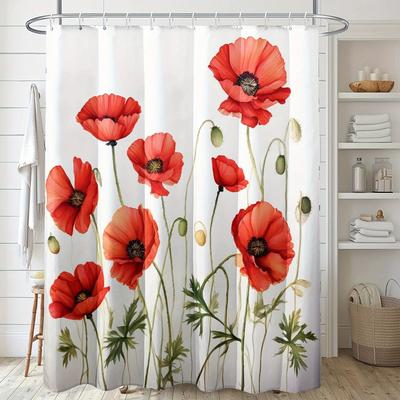 1pc Poppy Flower Sea Oil Painting Plant Print Shower Curtain Waterproof Polyester Fabric with Hooks Wall Bathtub Bathroom Decor
