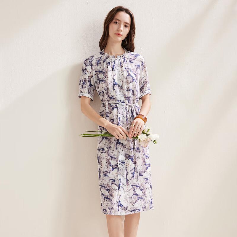 Zhaojun Women's Floral Print Silk Tie-Waist Midi Dress